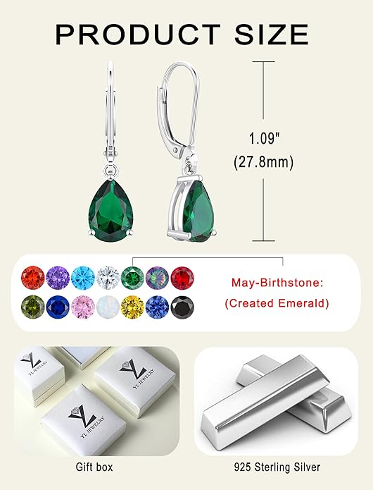 YL 925 Sterling Silver Teardrop Dangle Drop Earrings for Women 7x10 MM Solitaire Birthstone Leverback Jewelry