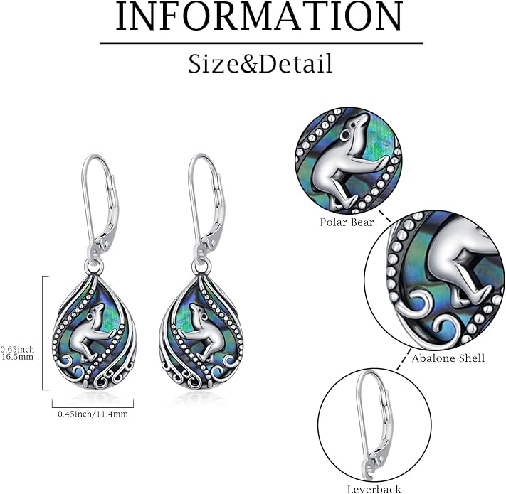 Animal Earrings 925 Sterling Silver Abalone Shell Dangle Drop Earrings Leverback Earrings Cute Animal Jewelry Gifts for Women Girlfriend