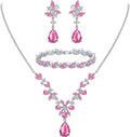EleQueen Women's Wedding Bridal Jewelry Set for Brides Bridesmaids, Silver/14K Gold/Rose Gold Plated Cubic Zirconia Teardrop Necklace Dangle Earrings Bracelet Sets for Party Prom