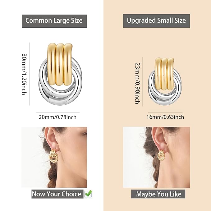 Circle Knot Link Earrings for Women, Silver and Yellow Drop Dangle Geometric Knot Studs, Women's Jewelry L Size