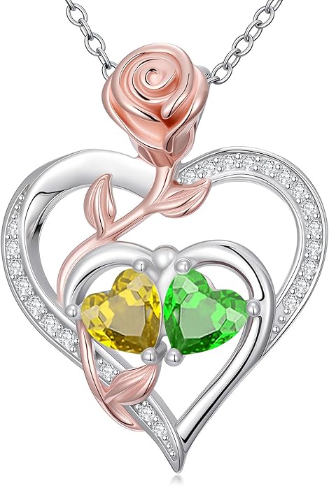 Rose Flower Heart Pendant for Women Birthday Gifts 18k Gold Plated Mother Daughter Necklace with 12 Months Birthstone Christmas Valentines Day Gifts for Her Mom Anniversarry Jewelry for Mom Wife Girlfriend