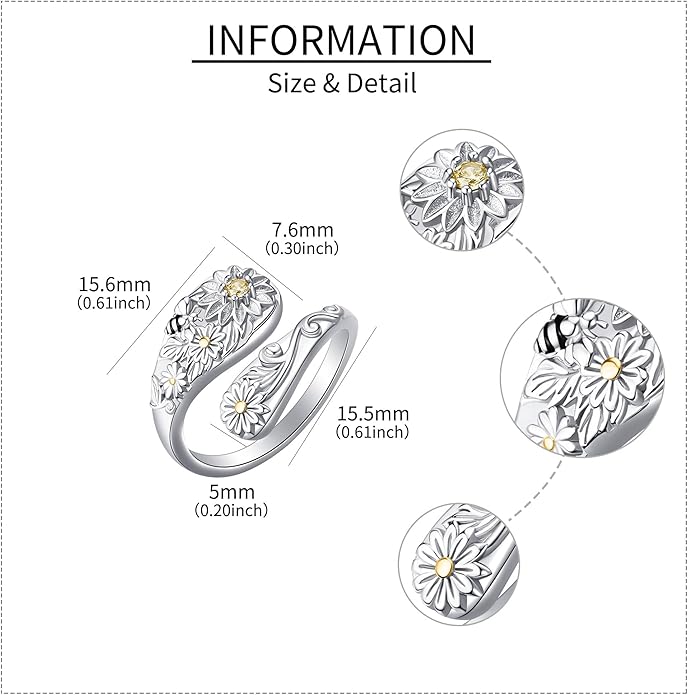 Spoon Rings 925 Sterling Silver Adjustable Hummingbird/Shark/Daisy/Tree Of Life/Dragonfly/Witches Knot/Sea Turtle Ring Thumb Rings Birthday Jewelry Gifts for Women Mother