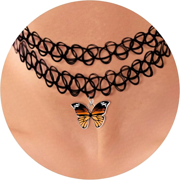 BodyJ4You 2PC Tattoo Choker Necklace - 90s Choker Necklace Women - 2000s Y2K Black Chokers Rainbow Choker - Butterfly Ying Yang Unicorn Rainbow Charms - Stretchy Elastic Necklace