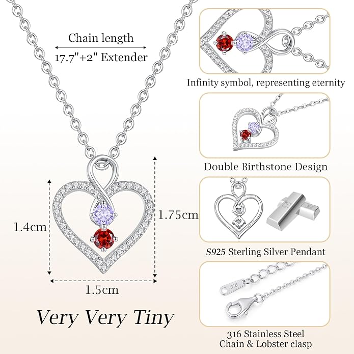 LOUISA SECRET Infinity Double Birthstone Necklace, 925 Sterling Silver Tiny Pendant Heart Necklace for Women Wife Her, Best Jewelry Gift Heart Jewelry Meaningful Gift for Valentine's Day, Christmas, Birthday Anniversary
