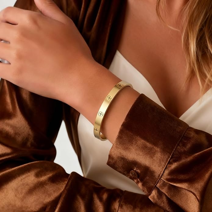 2Pcs 18K Gold-Plated Love Bangle Bracelets set for Women, Stainless Steel Cubic Zirconia Bangle Crystal Friendship Jewelry, Easter Wedding Birthday Gifts for Girlfriend, Wife, Monther