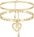 YANODA Initial Ankle Bracelets for Women 14K Gold Plated Layered Figaro Chain Letter Initial Anklets Handmade Layered Heart Ankle Bracelets Personalized Jewelry for Women
