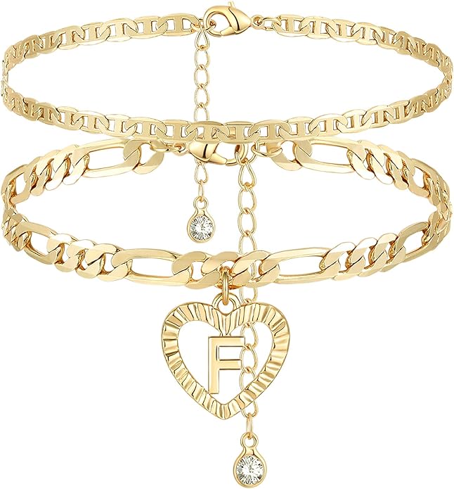 YANODA Initial Ankle Bracelets for Women 14K Gold Plated Layered Figaro Chain Letter Initial Anklets Handmade Layered Heart Ankle Bracelets Personalized Jewelry for Women