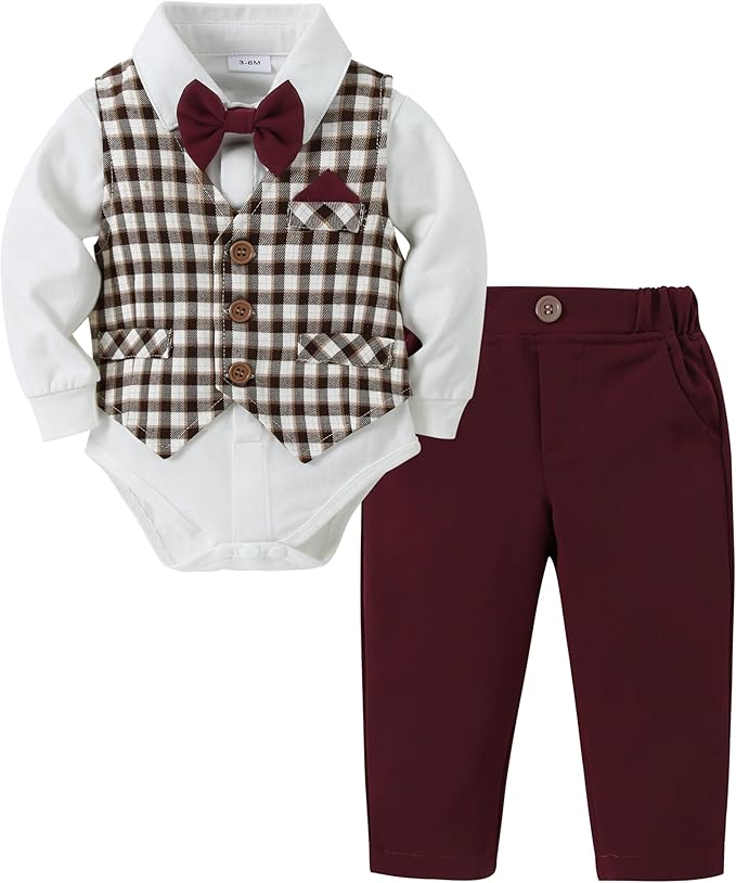 DISAUR Baby Boy Clothes Toddler Boy Outfits 4PCS Gentleman Dress Romper/Vest/Pants/Bow Tie Cotton Suit Sets