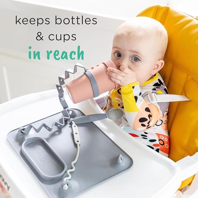 Busy Baby Gift Set - Silicone Placemat with Suction Cups, Bottle Bungee, Teething Spoon and 4 Universal Straps, Keeps Baby Essentials Like Bottles Within Reach & Off The Floor (Spearmint)