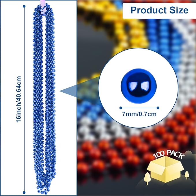 ZYFLSQ 100 Pcs 33" 7mm Metallic Blue Beads Necklaces, Bulk Mardi Gras Beaded Necklaces, Party Beads Costume Necklaces (Blue)