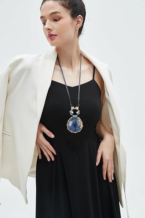 GelConnie Leather Necklace for Women Large Pendant Long Brown Necklace Circle Leather Choker Vintage Sweater Necklace Gold Chunky Boho Necklaces for Women
