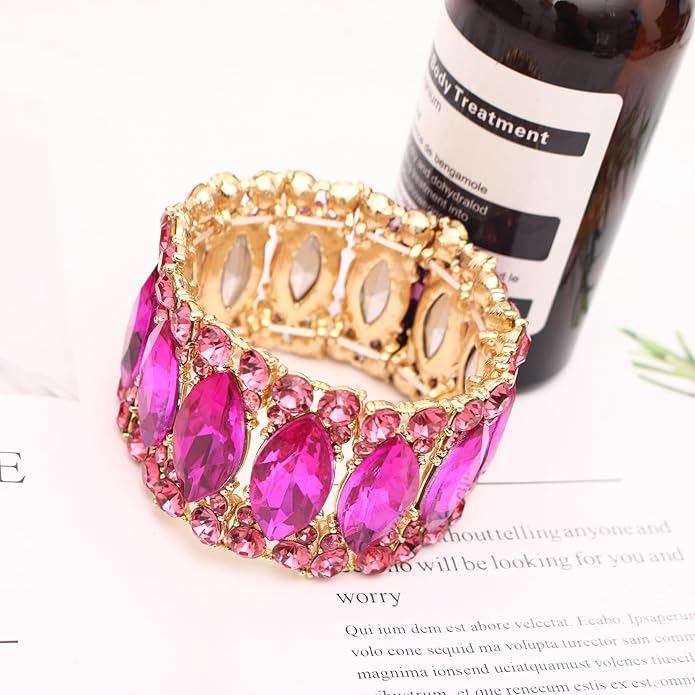 Women’s Elegant Wedding Bridal Crystal Double Row Marquise-Shape Leaf Stretch Bangle Bracelet Bride Jewelry for Women