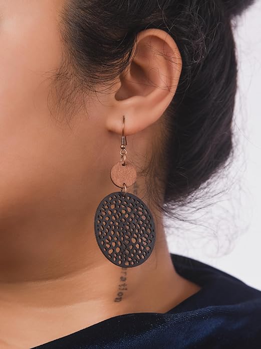 MINACHI Bohemian Hollow Cut-Out Wood Leather Dangle Drop Earrings, Boho Chic Hippie Statement Jewelry Gift for Women