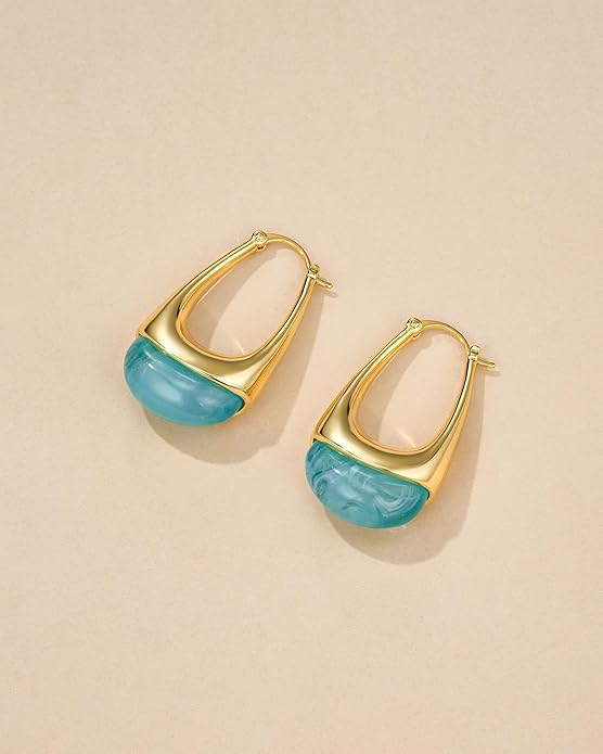 Long Oval Chunky Dangle 18K gold plated Hoops with Colored Resin Gemstone Statement Earrings for Women by SNGIA, (Green, Brown, Blue, Pink, White, Cream), Bold Drop Handmade Exaggerated Irregular Trendy Bohemian Jewelry Gifts, Unique Dangling Teardrop ...