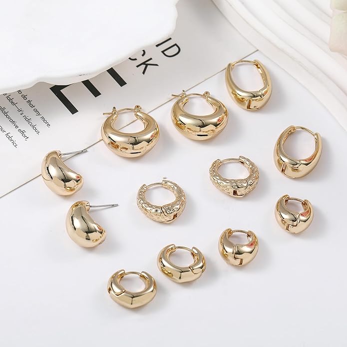 Wgoud 6 Pairs Gold Hoop Earrings Set for Women, 14K Gold Plated Hypoallergenic Lightweight Chunky Open Huggie Hoops Earrings Jewelry for Gifts.