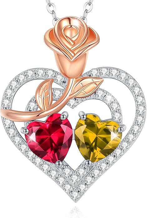 AGVANA Valentines Day Gifts Birthstone Necklace for Women Sterling Silver Rose Flower Heart Double Birthstone Jewelry Pendant Necklace Anniversary Birthday Gifts for Women Mom Wife Girlfriend Her