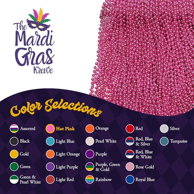 THE MARDI GRAS KREWE - Beads Necklaces Mardi Gras 72 Pack, 6 Dozen 33" 7mm - Party Favors, Parades, Bulk Decorations, Costumes, Festivals, Events - Hot Pink