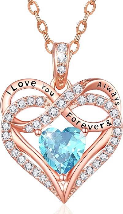 Infinity Rose Gold Valentines Heart Birthstone Necklace for Women,I Love You Always and Forever Jewelry,Valentines Anniversary Birthday Gifts for Her Wife Mom Grandma Daughter
