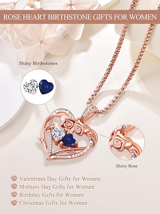 Rose Heart Necklaces for Women, Rose Gold Forever Love Jewelry with 2 Birthstones Pendant,Valentines Anniversarry Birthday Gifts for Her Wife Mom Grandma Daughter, 18+2 Inch Chain