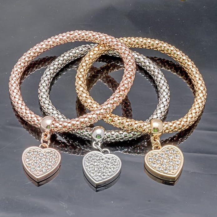 Crystal Charms Multilayer Bracelets - 3PCS Gold/Silver/Rose Gold Corn Chain Bracelet for Women, Tree of Life Heart Shaped Stretch Bracelet