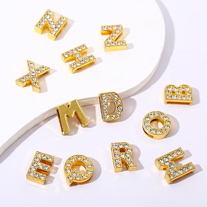 130 PCS A-Z Full Rhinestones Charms 8MM Slide Alphabet Crystal Letters for DIY Slide Wristbands Bracelets,Hair Clips,Jewelry Making Charms（130PCS Gold 8mm）