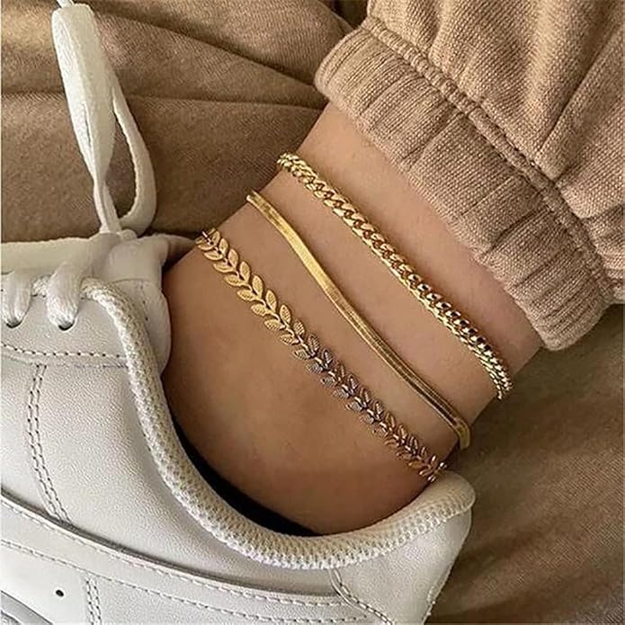 MIDEEO Gold/Silver Ankle Bracelets for Women,14K Gold Anklets for Women Waterproof Cuban Link Heart Beads Herringbone Rhinestone Anklets Set Layered Anklet Bracelets for Women Gold Jewelry Gift