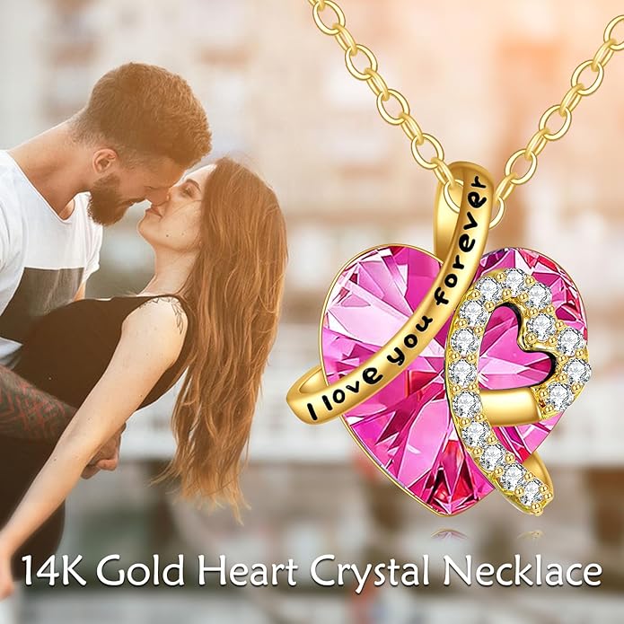 KECHO 14K Real Gold I Love You Forever Necklace Solid Yellow Gold Heart Birthstone Crystal Pendant Jewelry Birthday Mother's Day Anniversary Christmas Gifts for Women