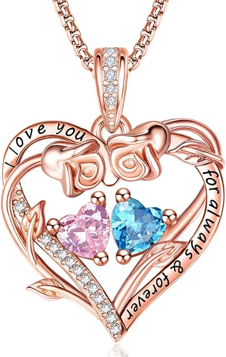 Rose Heart Necklaces for Women, Rose Gold Forever Love Jewelry with 2 Birthstones Pendant,Valentines Anniversarry Birthday Gifts for Her Wife Mom Grandma Daughter, 18+2 Inch Chain