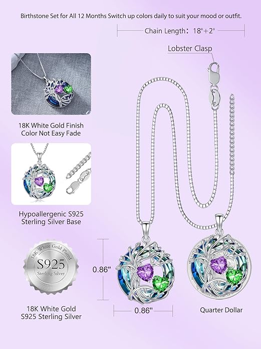 TOUPOP s925 Sterling Silver Family Celtic Tree of Life Pendant Necklaces with 2 Heart Birthstone with Blue Austrian Crystal Jewelry Birthday Valentines Day Gifts for Her, Anniversary Christmas Gifts for Wife Girlfriend Mom (18K Real White Gold Filled)