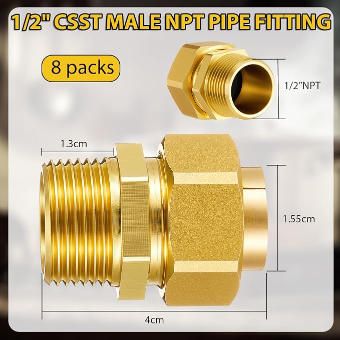Frienda 8-pack 1/2" Male Npt Brass Pipe Fittings, Heavy Duty Hex Nipple Adapter - Image 2