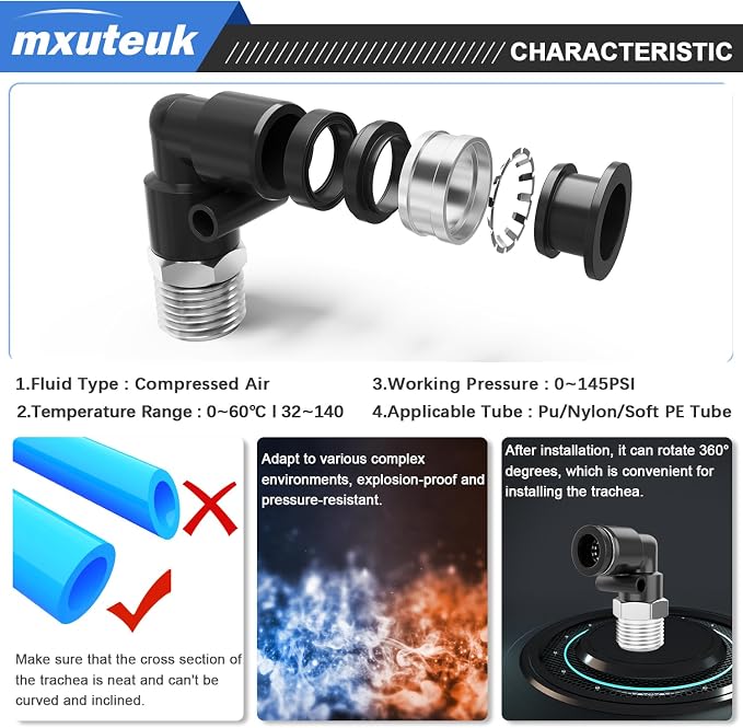 mxuteuk 1/4" NPT to 1/4"OD Push to Connect Fittings, Quick Connect Air Hose - Image 4
