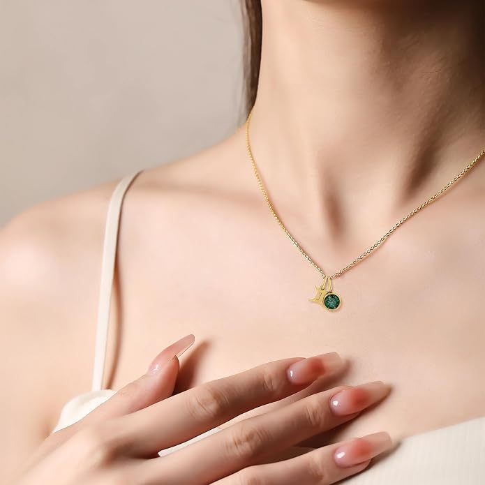 MISS RIGHT Initial Birthstone Necklace for Women - Personalized Gifts Birthday Gifts for Women Stainless Steel 18K Gold Plated Dainty Gold Zodiac Sign 12 Constellation Horoscope Necklace Jewelry