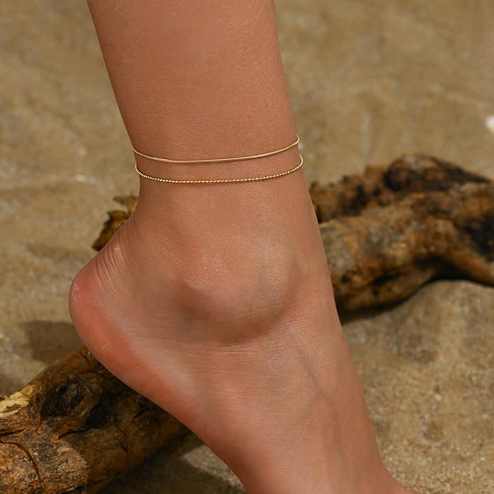Anklets for Women Dainty CZ Ankle Bracelet 18K Gold Plated Waterproof Boho Dot Star Moon Daisy Ocean Beaded Anklet Trendy Foot Jewelry