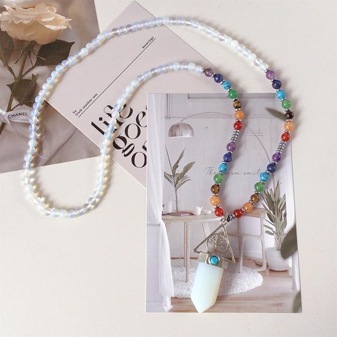 EDEN'S CALL Tree of Life 7 Chakra Stone Beads Necklace for Women and Men Hexagonal Crystal Point Pendant Necklace
