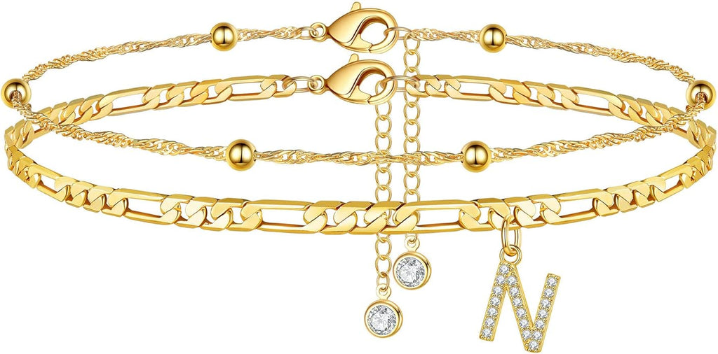 Ursteel Ankle Bracelets for Women, 14K Gold Plated Dainty Layered Chain CZ Initial Anklets Summer Jewelry Gifts for Women