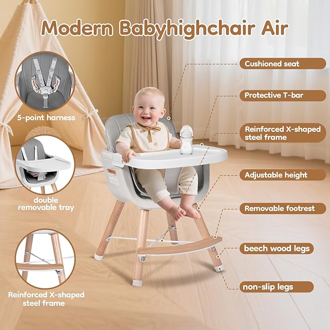 High Chairs for Babies and Toddlers,3 in 1 Convertible Wooden highchair, Baby High Chair with Adjustable Legs,5 Point Harness, Footrest, Dishwasher-Safe Tray & PU Leather Cushion, Gray