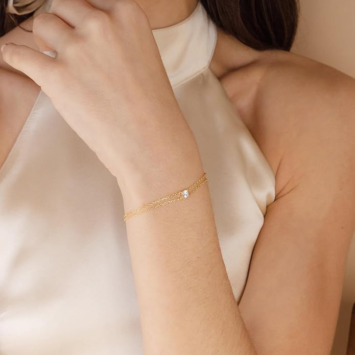 SLOONG Valentines Day Gifts for Her Gold Pearl Bracelets, 18K Real Gold Plated Dainty Stackable Snake Chain CZ Heart Pendant Bracelets, Layered Waterproof Jewelry Gift for Women Adjustable 6"+2"