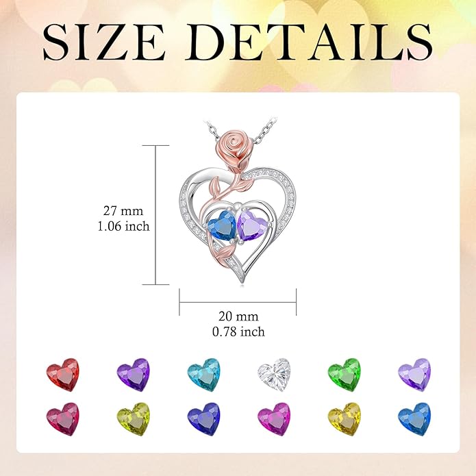 Rose Flower Heart Pendant for Women Birthday Gifts 18k Gold Plated Mother Daughter Necklace with 12 Months Birthstone Christmas Valentines Day Gifts for Her Mom Anniversarry Jewelry for Mom Wife Girlfriend