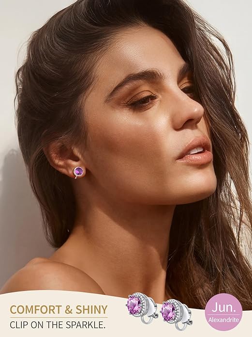 FindChic Sparkling Birthstone Clip On Earrings for Women, Silver Plated Stud Earrings 8MM Cubic Zirconia Non Pierced Studs, 12 Months Birthday Jewelry Gift