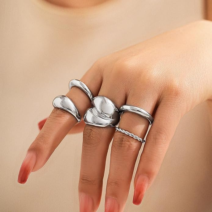 MIFYNN Chunky Gold Rings for Women Gold Silver Adjustable Thick Ring Fashion Statement Ring Open Dome Ring Chunky Silver Rings Geometric Curved Minimalist Simple Rings