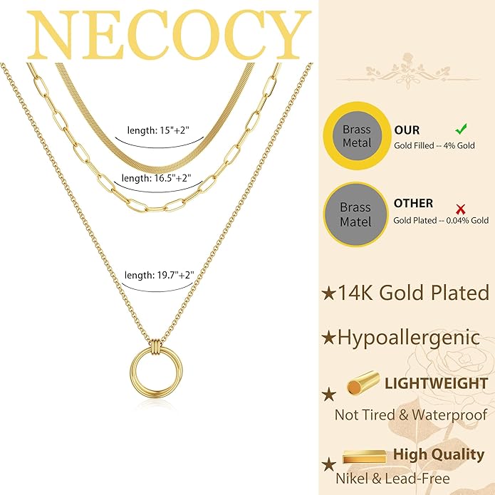 NECOCY Valentine's Day Gift 14k Gold/Silver Plated Layered Gold Necklaces for Women, 3Pcs Dainty Herringbone Choker Set, Trendy Stack Simple Chain Layering Pendant Jewelry