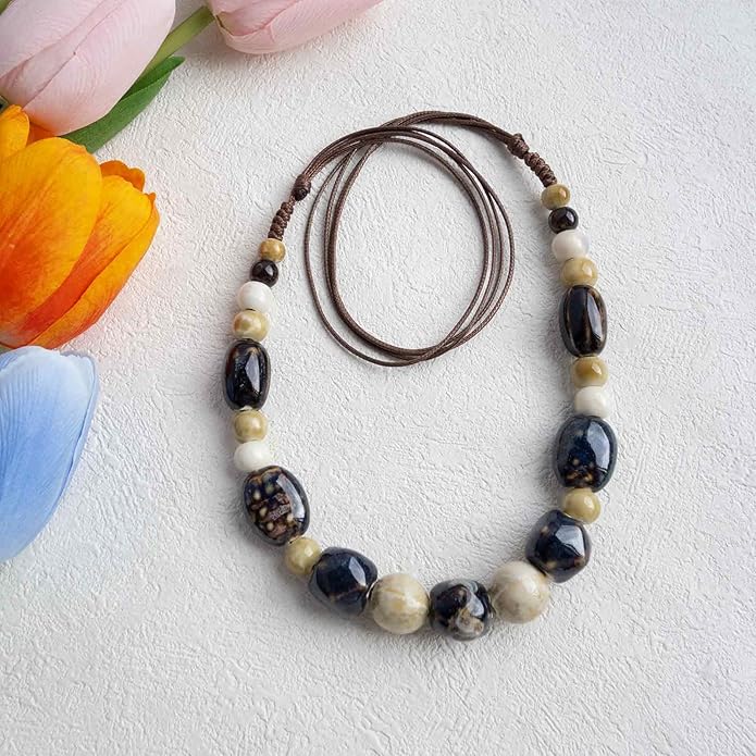 Boho Round Colorful Ceramic Beaded Necklace, Adjustable Hippie Statement Necklace, Handmade Ethnic Jewelry Gift for Women
