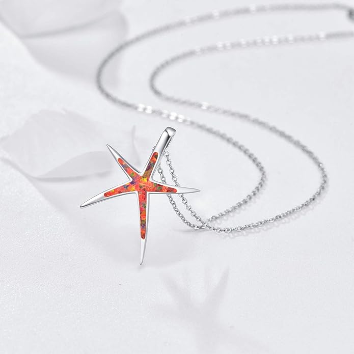Cuoka Starfish Necklace, 925 Sterling Silver with Opal, Hawaiian Beach Nautical Ocean Pendant, Starfish Jewelry Opal Jewelry Valentine for Women Girlfriend