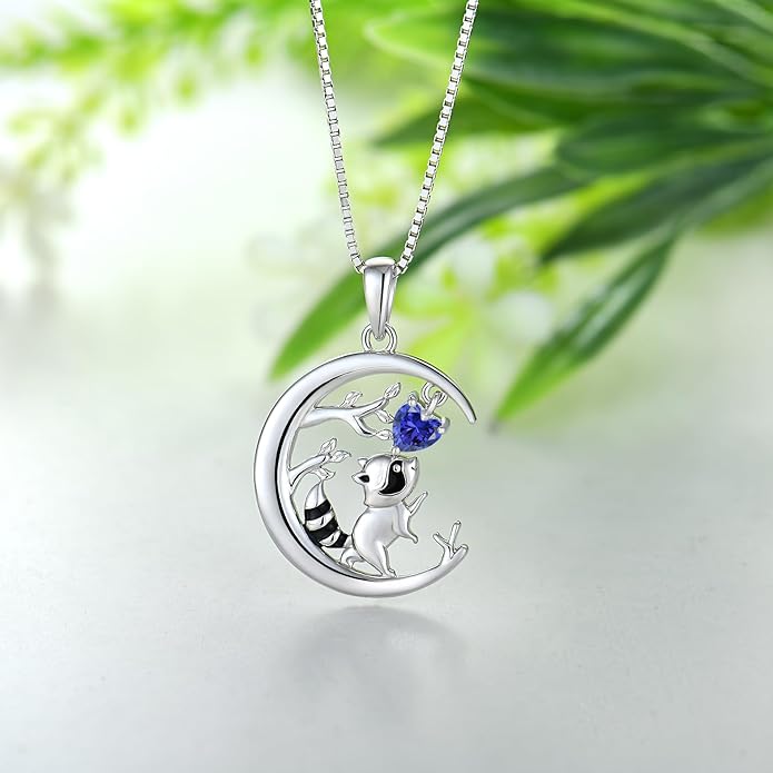 STARCHENIE Raccoon Necklace 925 Sterling Silver Heart Birthstone Pendant Cute Animal Jewelry for Women