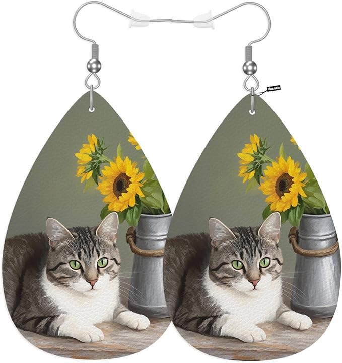 Cat Fashion Faux Leather Earrings Cute Cat Kitten Pet Sunflower Florals Wedding Teardrop Earrings Jewelry For Women Friends Bridal