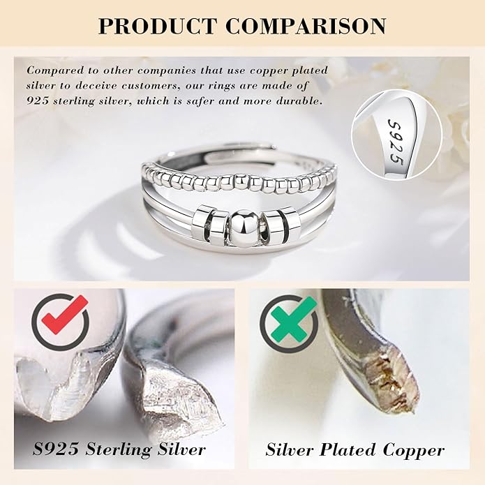 Vito 925 Sterling Silver Fidget Anxiety Ring for Women, Adjustable Open Spinner Ring Stress Relief Ring Stacking Band Anillos Jewelry Gift for Mom Daughter