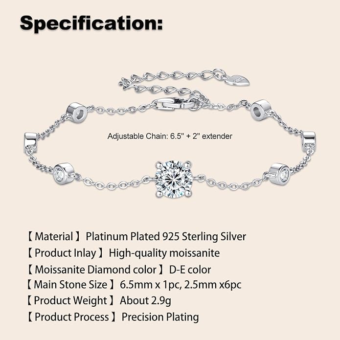 Bezel Station Link Bracelets for Women, 1.36cttw D Color Moissanite Bracelet 925 Sterling Silver for Wife or Mom, Adjustable Chain