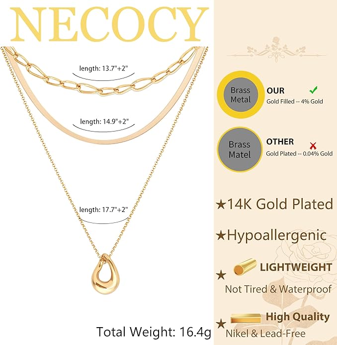 NECOCY Valentine's Day Gift 14k Gold/Silver Plated Layered Gold Necklaces for Women, 3Pcs Dainty Herringbone Choker Set, Trendy Stack Simple Chain Layering Pendant Jewelry