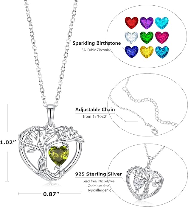Tree of Life Necklaces for Women 925 Sterling Silver Heart Pendant Birthstone Necklace Created Gemstone Jewelry for Her, 18"+2"