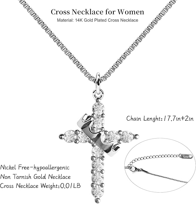 Crown Cross Necklace for Women, 14K Gold Silver Cubic Zirconia Crown Cross Necklace, Diamond Gold Silver Cross Necklaces, Dainty Cross Faith Simple Trendy Charm Jewelry Gift for Women